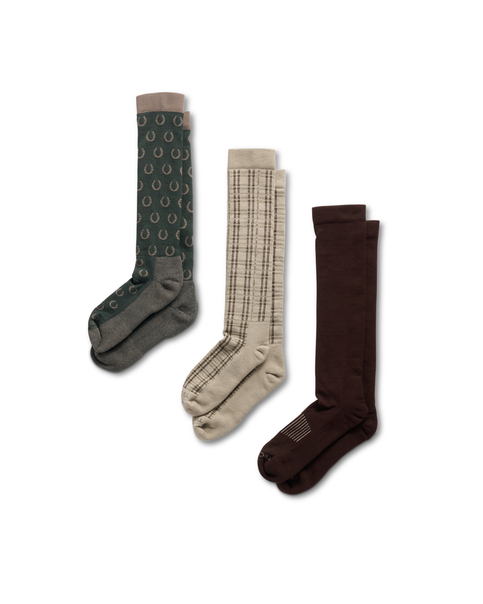 Over-the-Calf Plaid & Horseshoe Socks (3-Pack) - Green Khaki Dark Brown Polyester Spandex