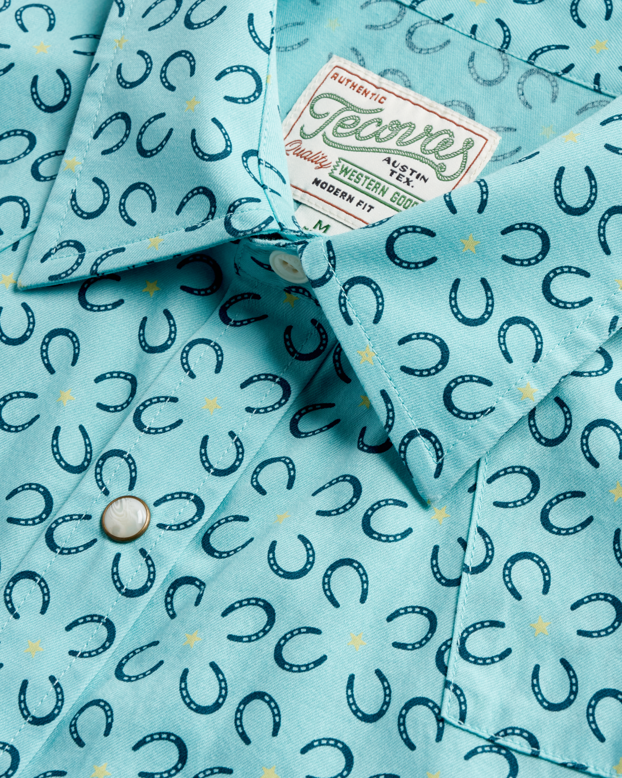 Men's Sawtooth Short Sleeve Pearl Snap - Blue Horseshoe Cotton