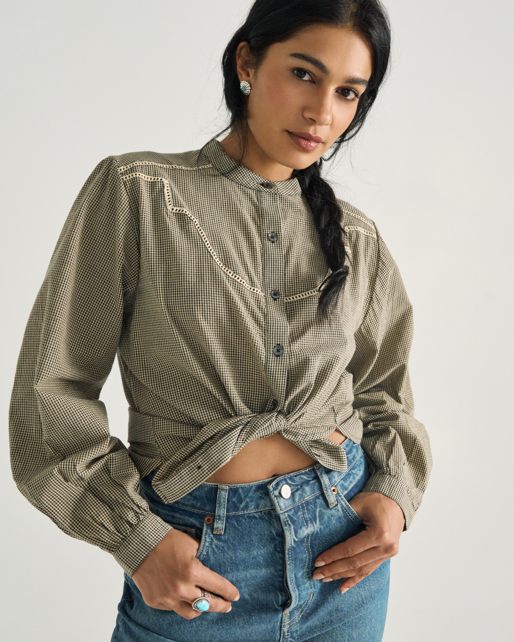 Women's Mini Seersucker Blouse - Black White Cotton
