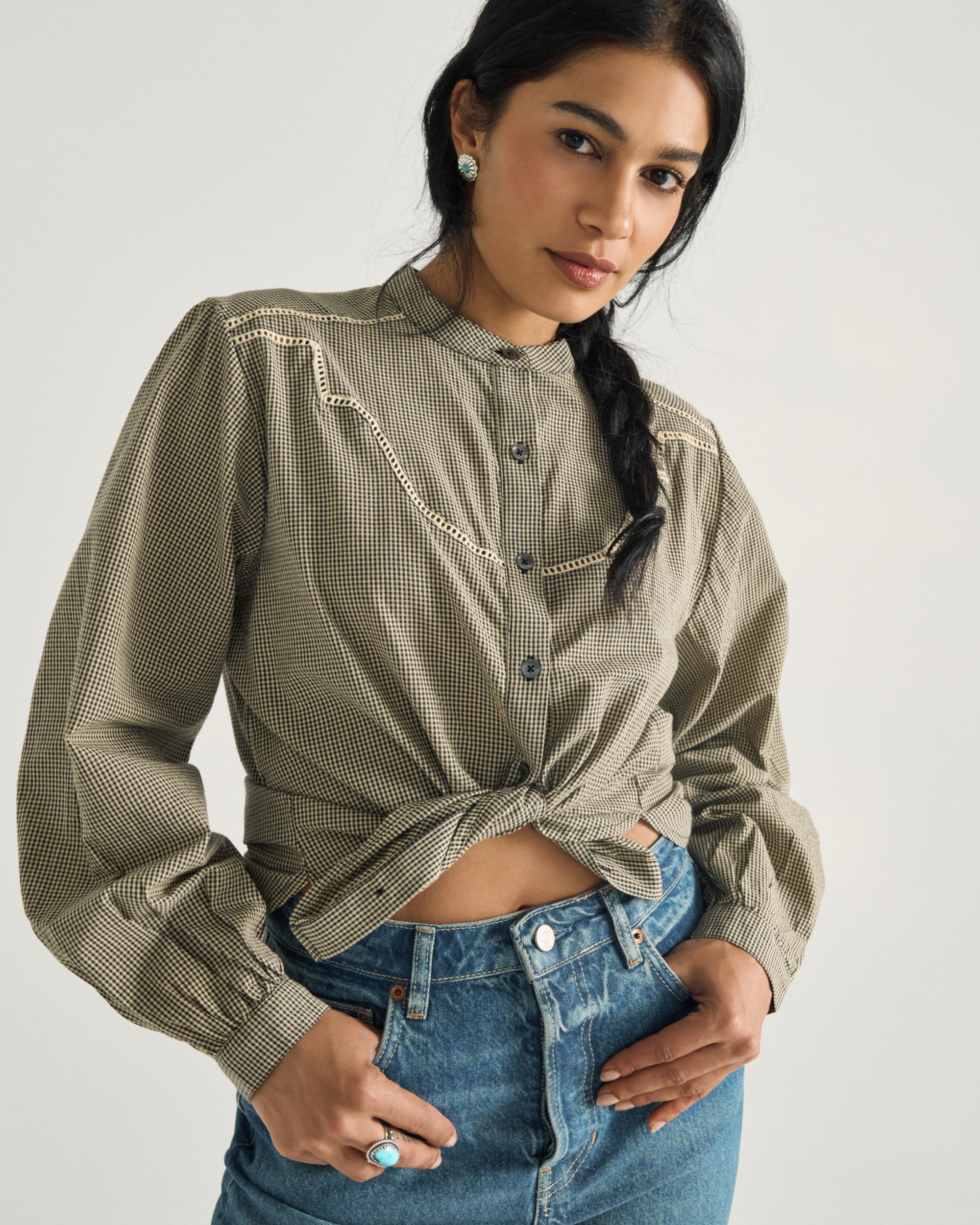 Women's Mini Seersucker Blouse - Black White Cotton
