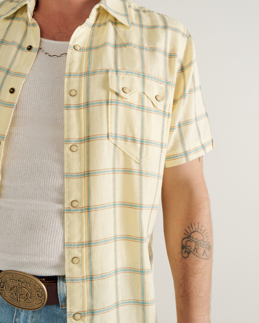 Men's Sawtooth Linen Short Sleeve Pearl Snap - White Aqua Haze Cotton Linen