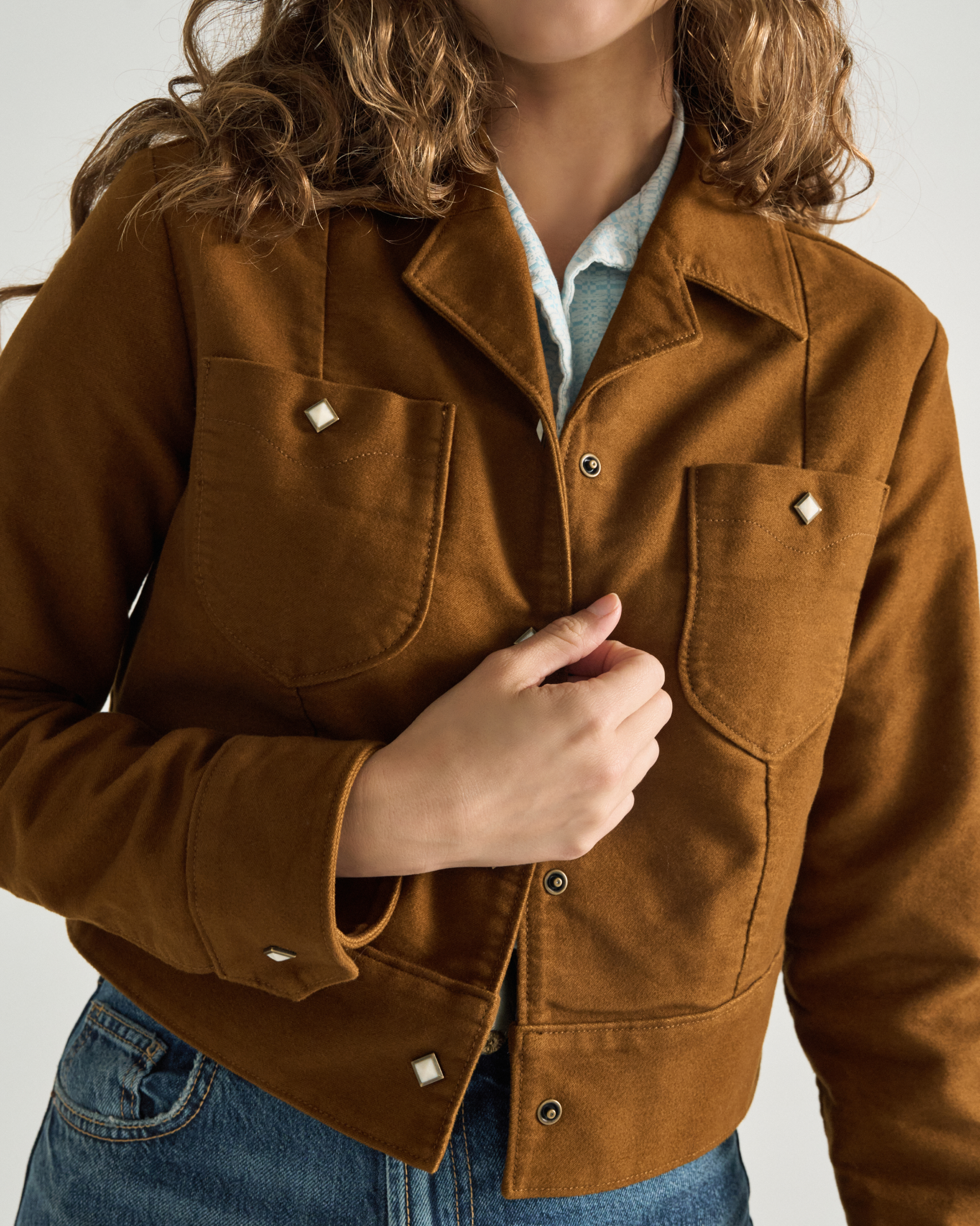 Women's Moleskin Pearl Snap Jacket - Camel Cotton