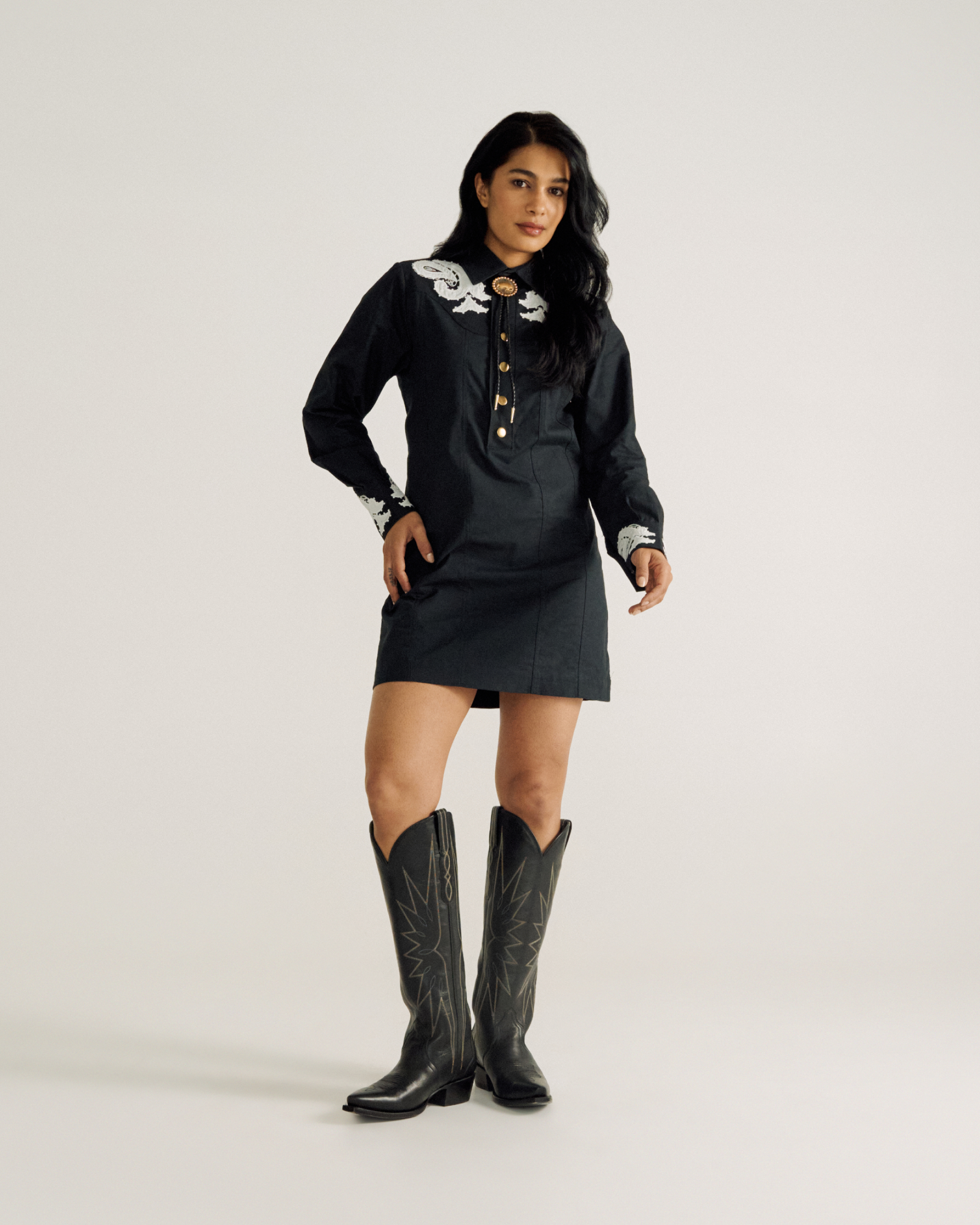 Women's Long Sleeve Applique Mini Dress - Black Cotton Blend