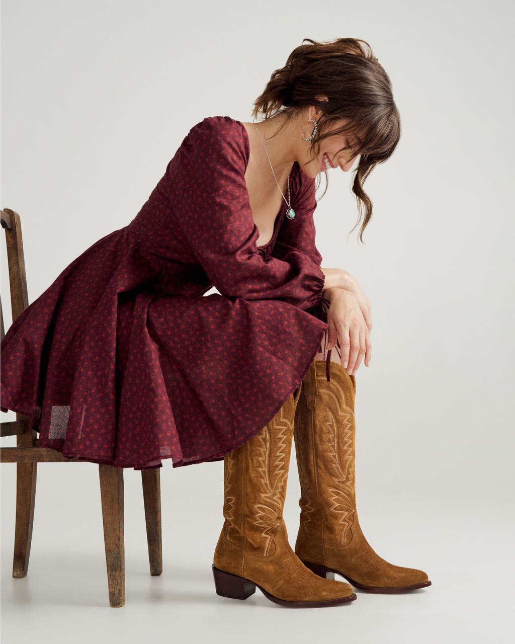 Women's Long Sleeve Mini Dress - Burgundy Floral Cotton Blend
