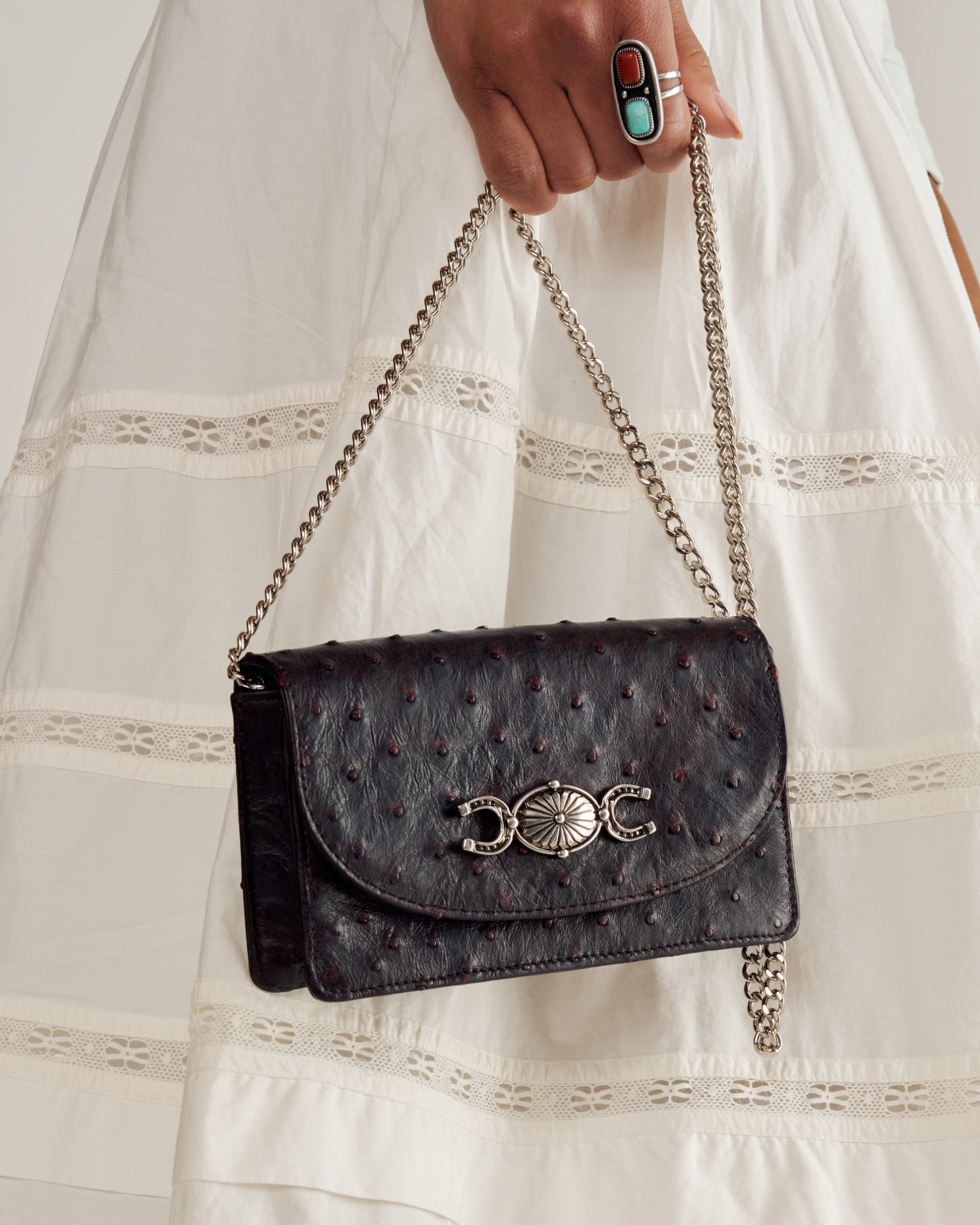 Concho Chain Crossbody - Black Cherry Ostrich