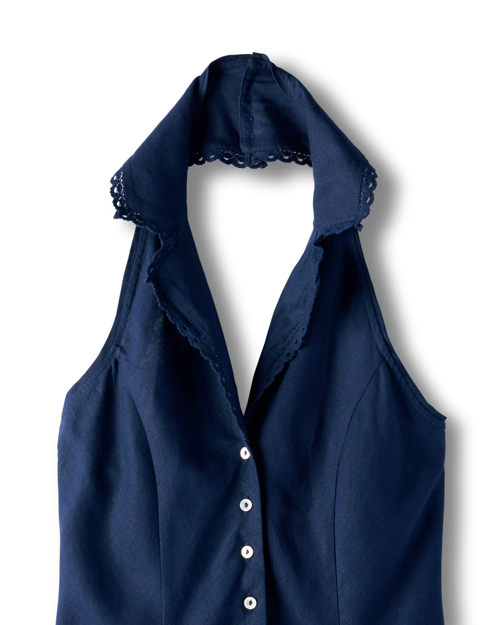 Women's Sleeveless Collared Mini Dress - Navy Linen Viscose