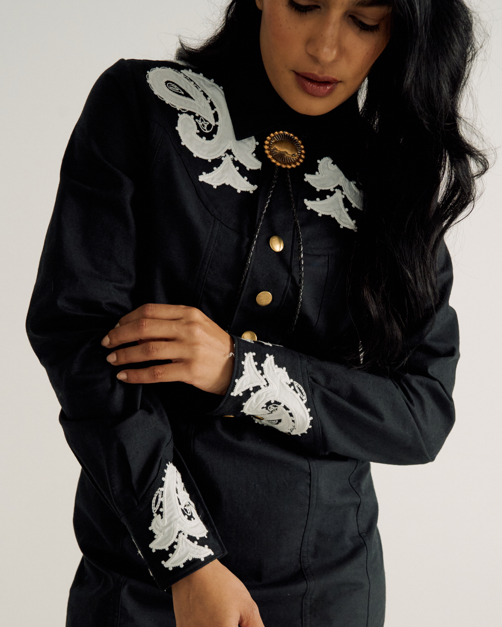 Women's Long Sleeve Applique Mini Dress - Black Cotton Blend