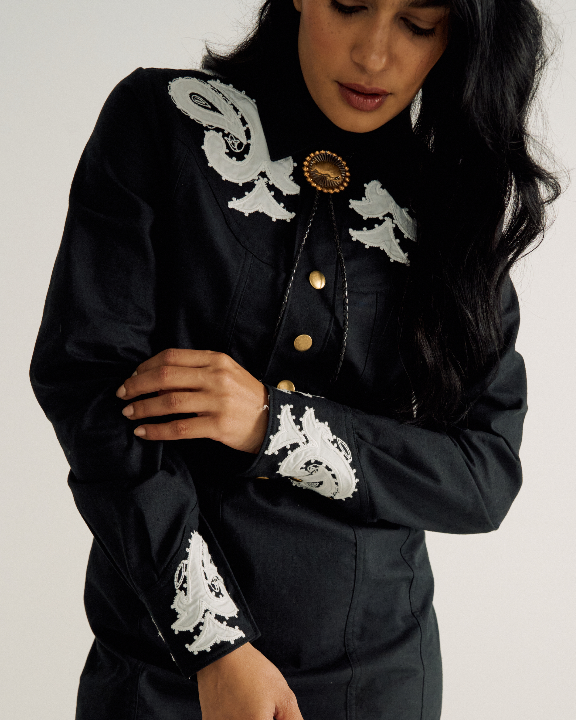 Women's Long Sleeve Applique Mini Dress - Black Cotton Blend