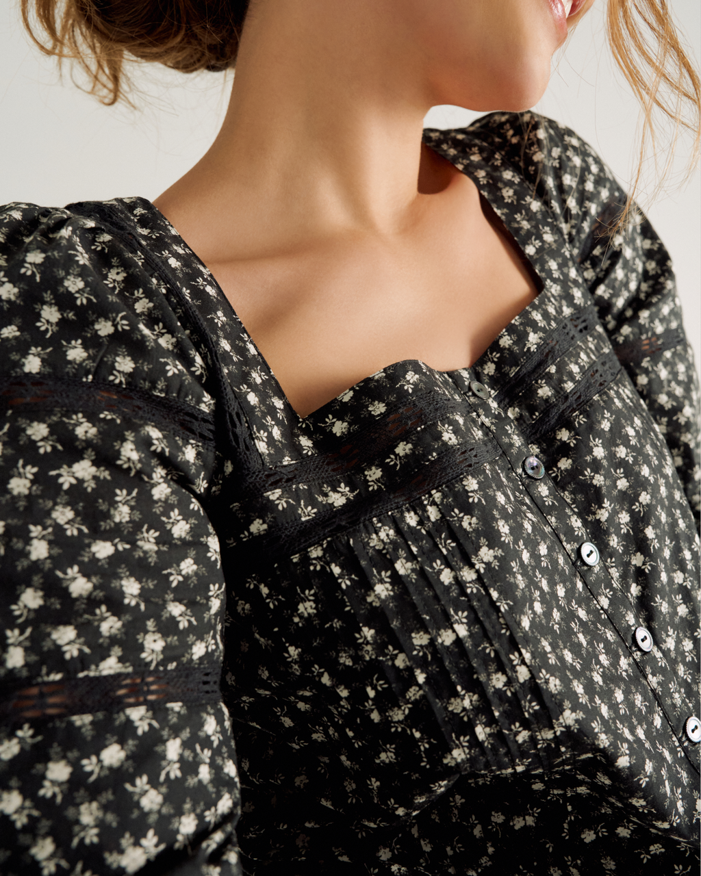 Women's Long Sleeve Cotton Poplin Top - Black White Cotton