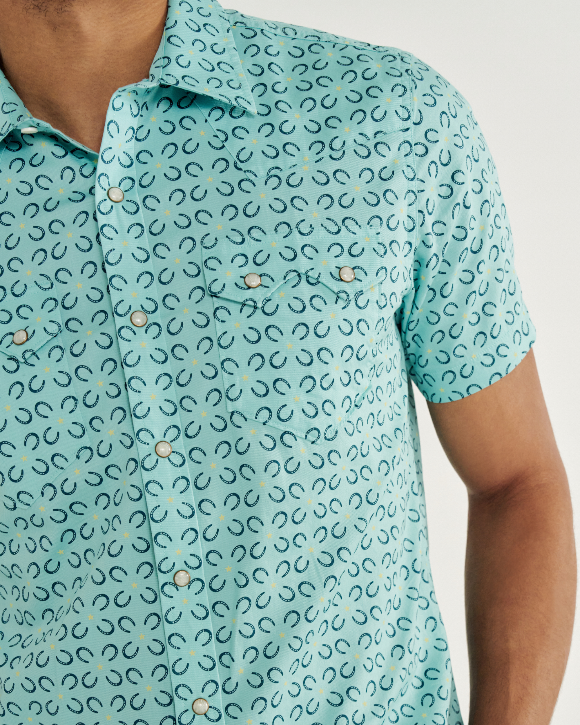 Men's Sawtooth Short Sleeve Pearl Snap - Blue Horseshoe Cotton