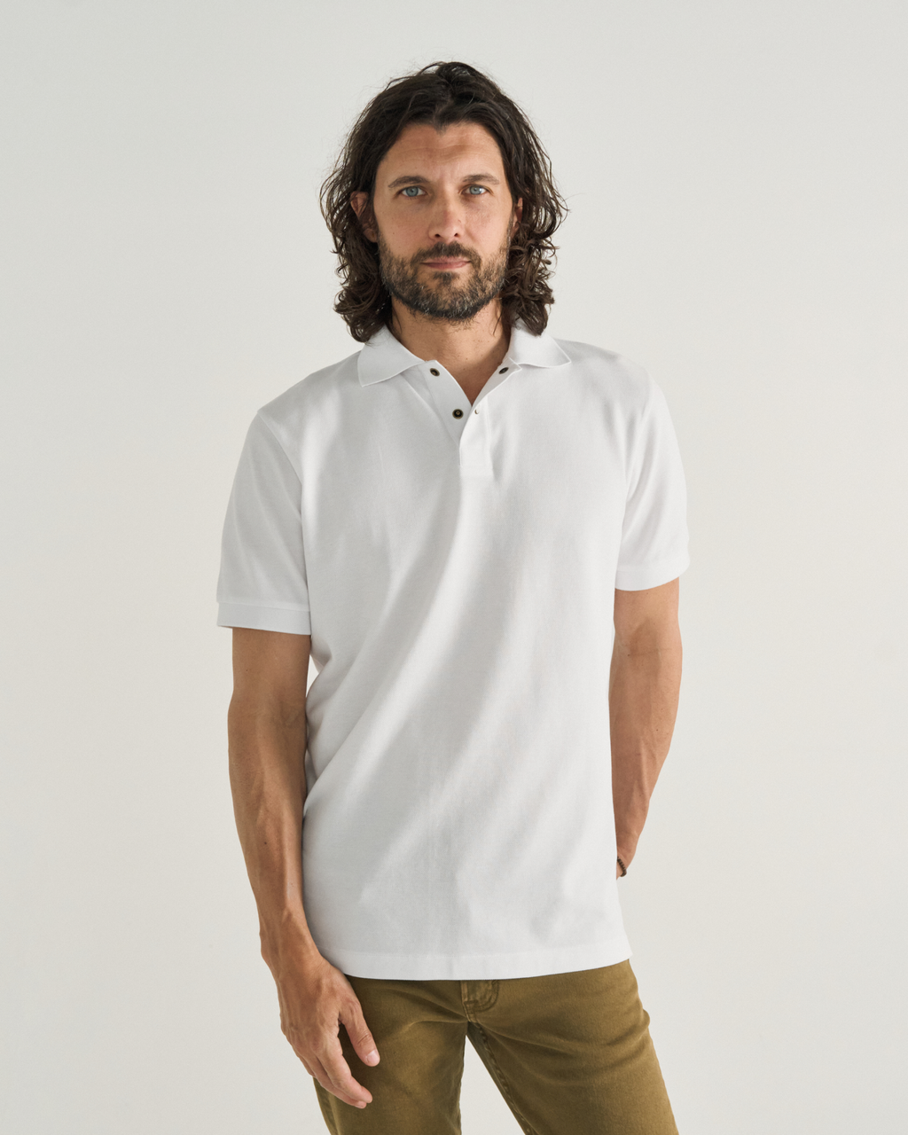 Men's Polo Short Sleeve Pearl Snap - White Cotton