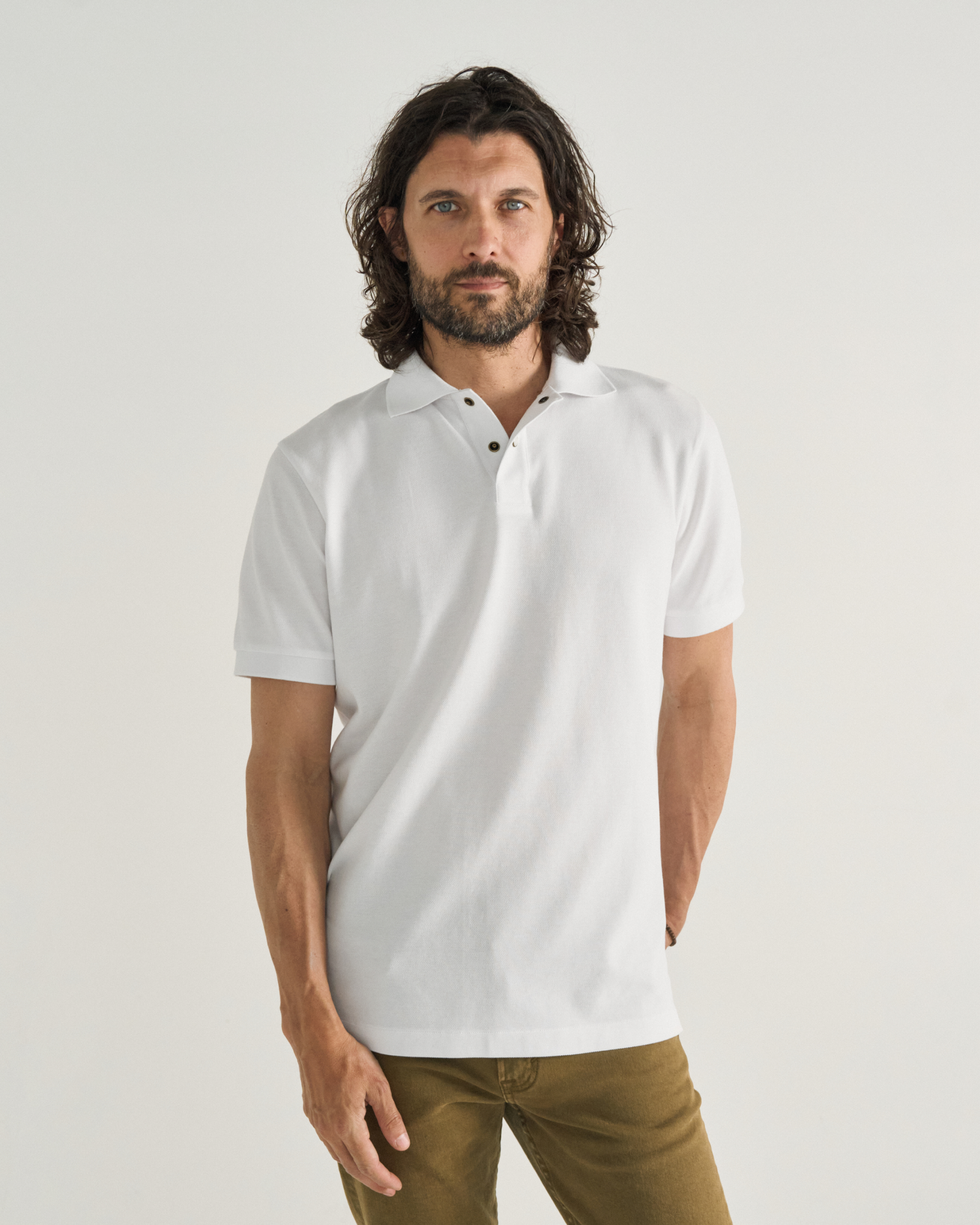 Men's Polo Short Sleeve Pearl Snap - White Cotton