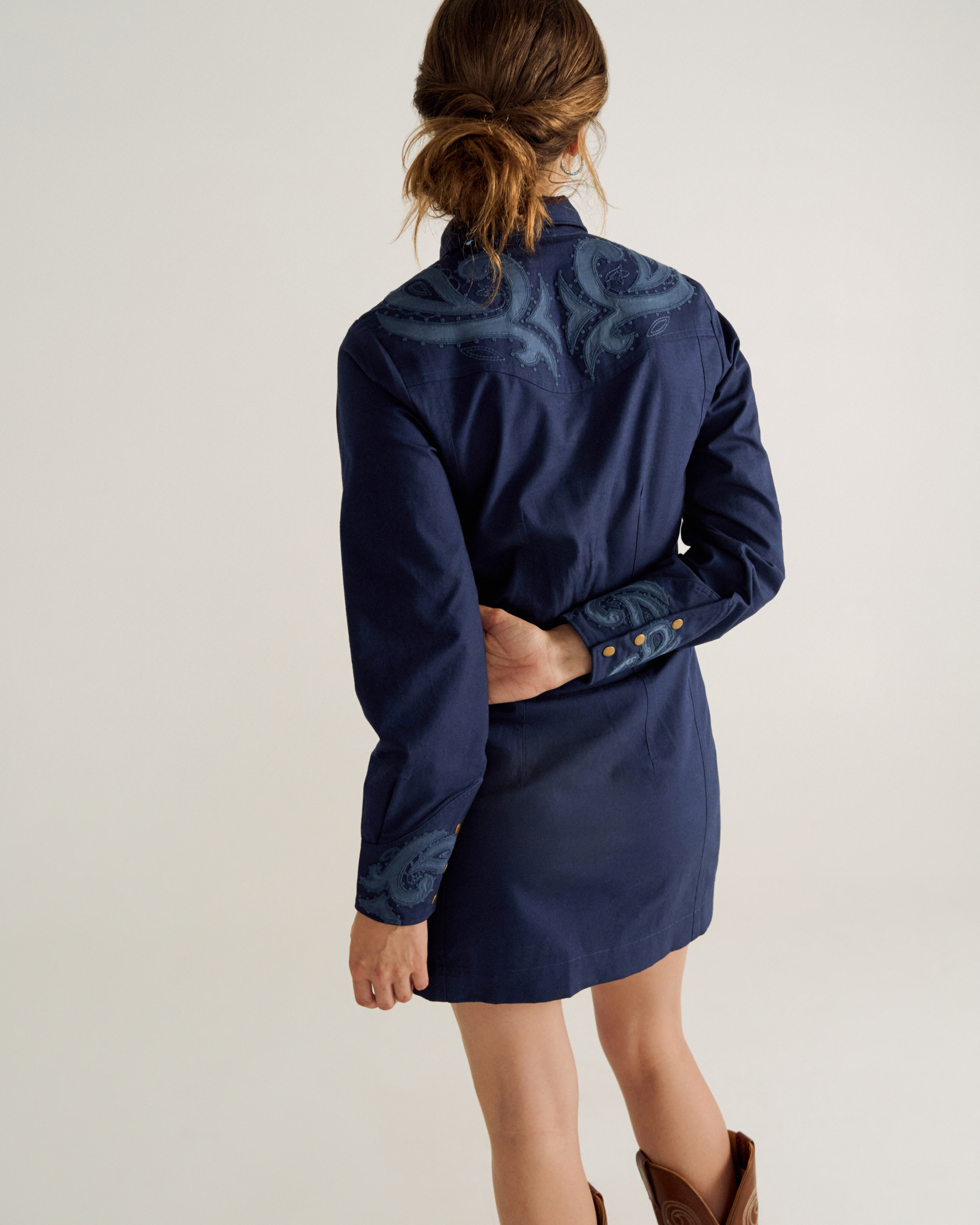 Women's Long Sleeve Applique Mini Dress - Twilight Cotton Blend