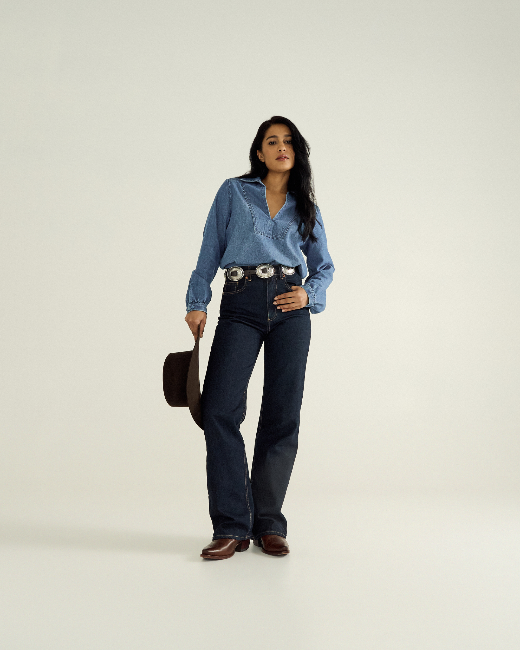 Women's Long Sleeve Denim Popover Top - Medium Wash Denim