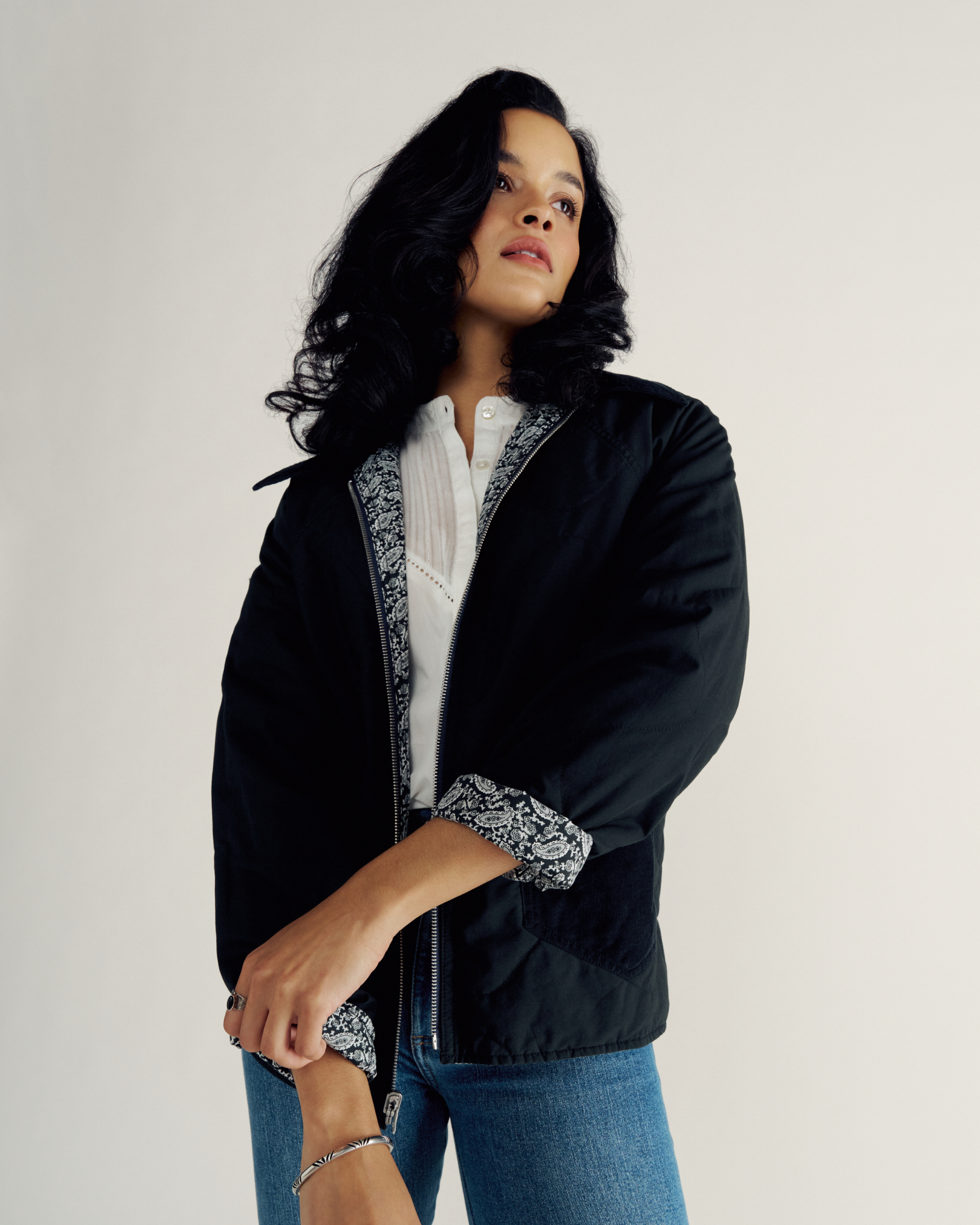 Women's Liner Jacket - Black White Polyester Blend