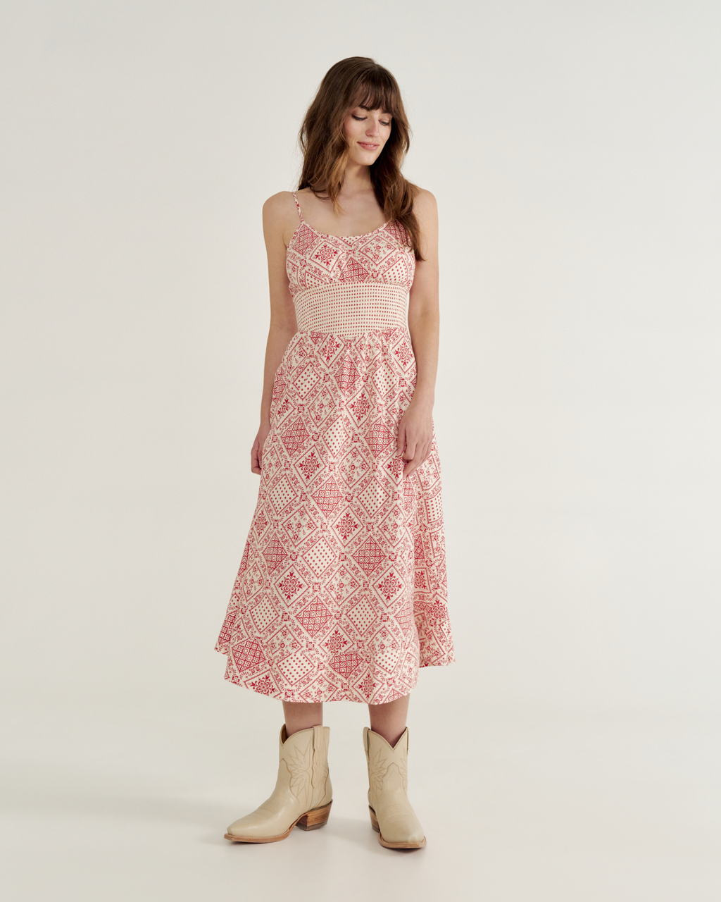 Women's Tiered Midi Dress - Red Linen Viscose