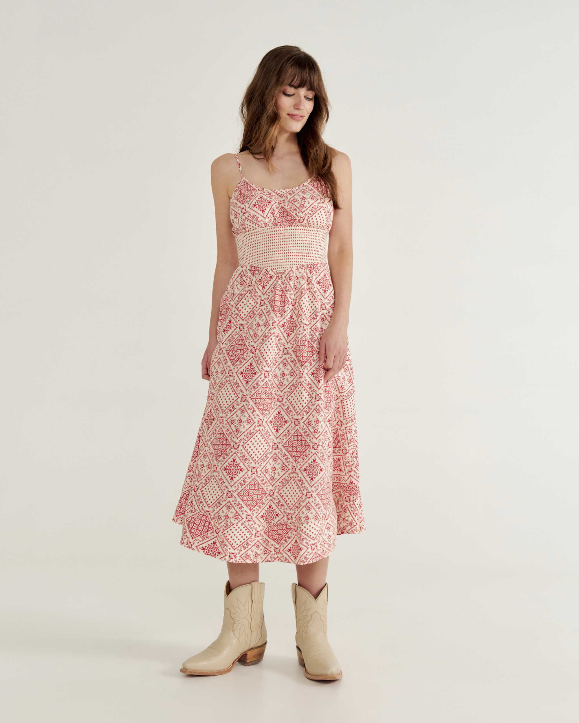 Women's Tiered Midi Dress - Red Linen Viscose