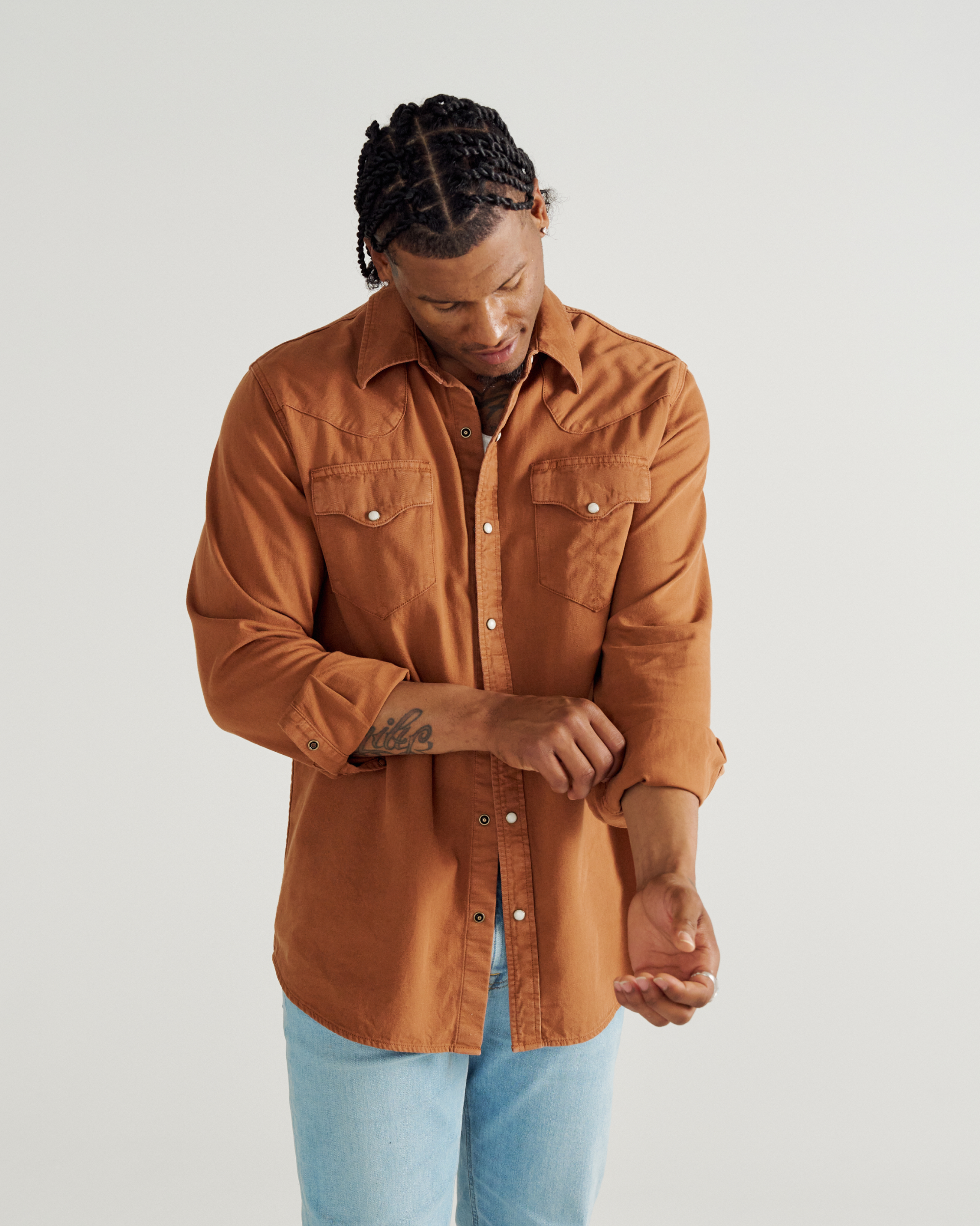 Men's Denim Long Sleeve Pearl Snap - Rust Denim