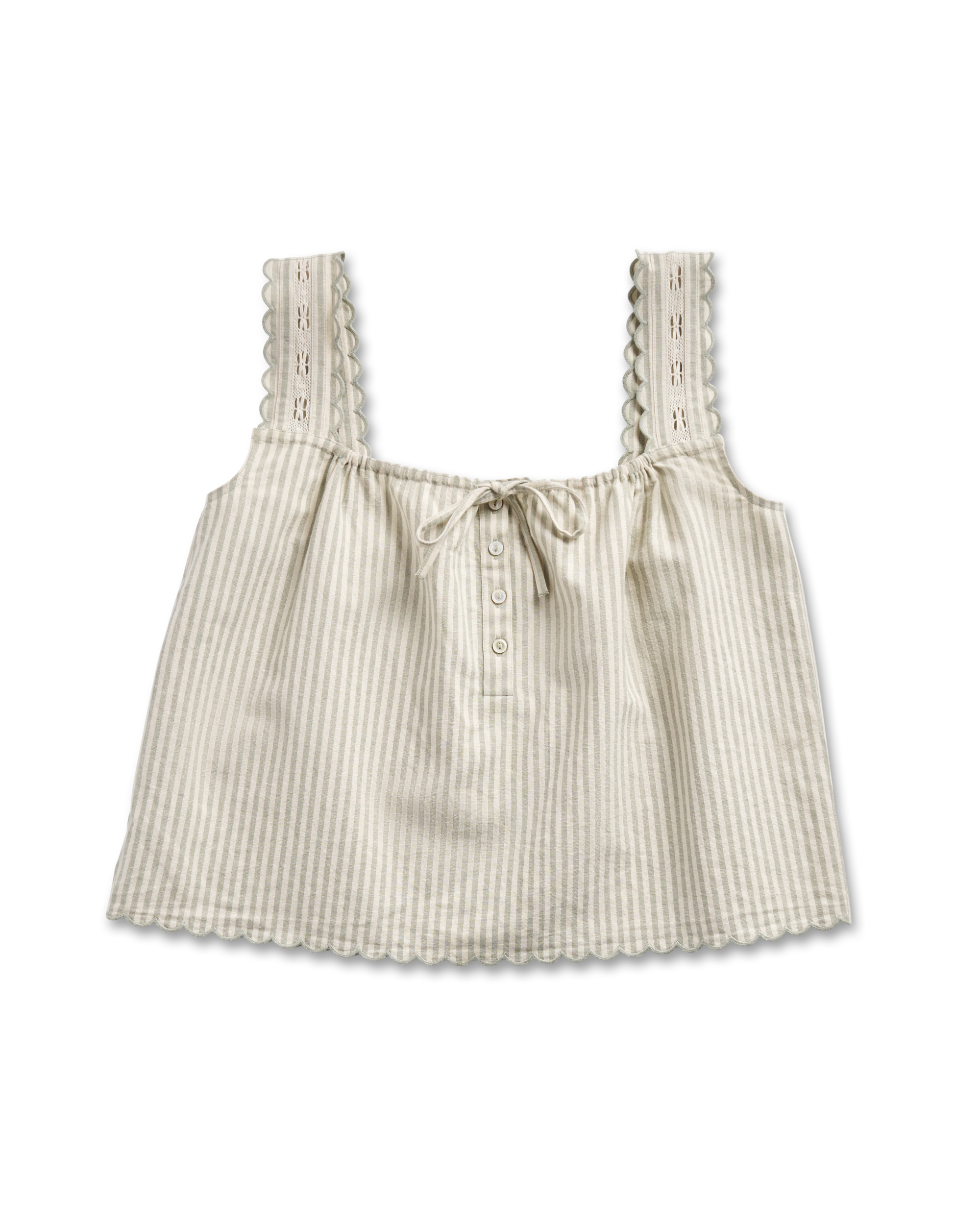 Women's Linen Artisanal Tank - Green White Linen Cotton