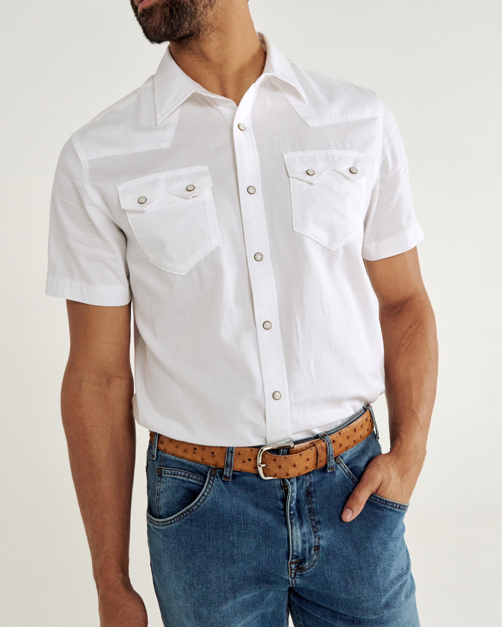Men's Classic Fit Vintage Weight Sawtooth Short Sleeve Pearl Snap - White Cotton