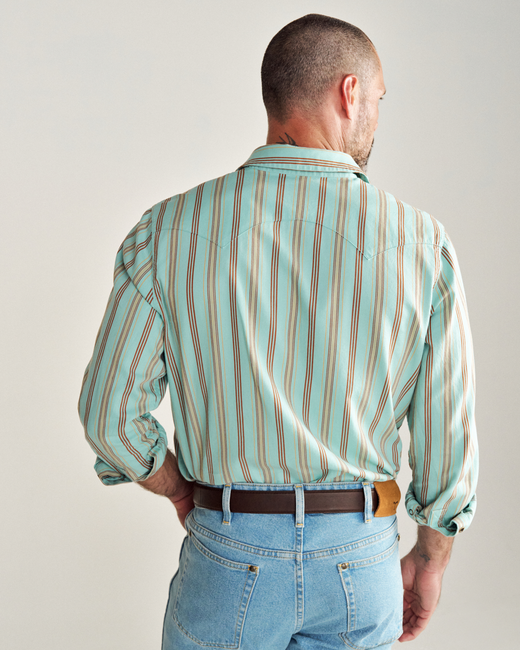 Men's Vintage Weight Sawtooth Cotton Pearl Snap - Blue Stripe Cotton