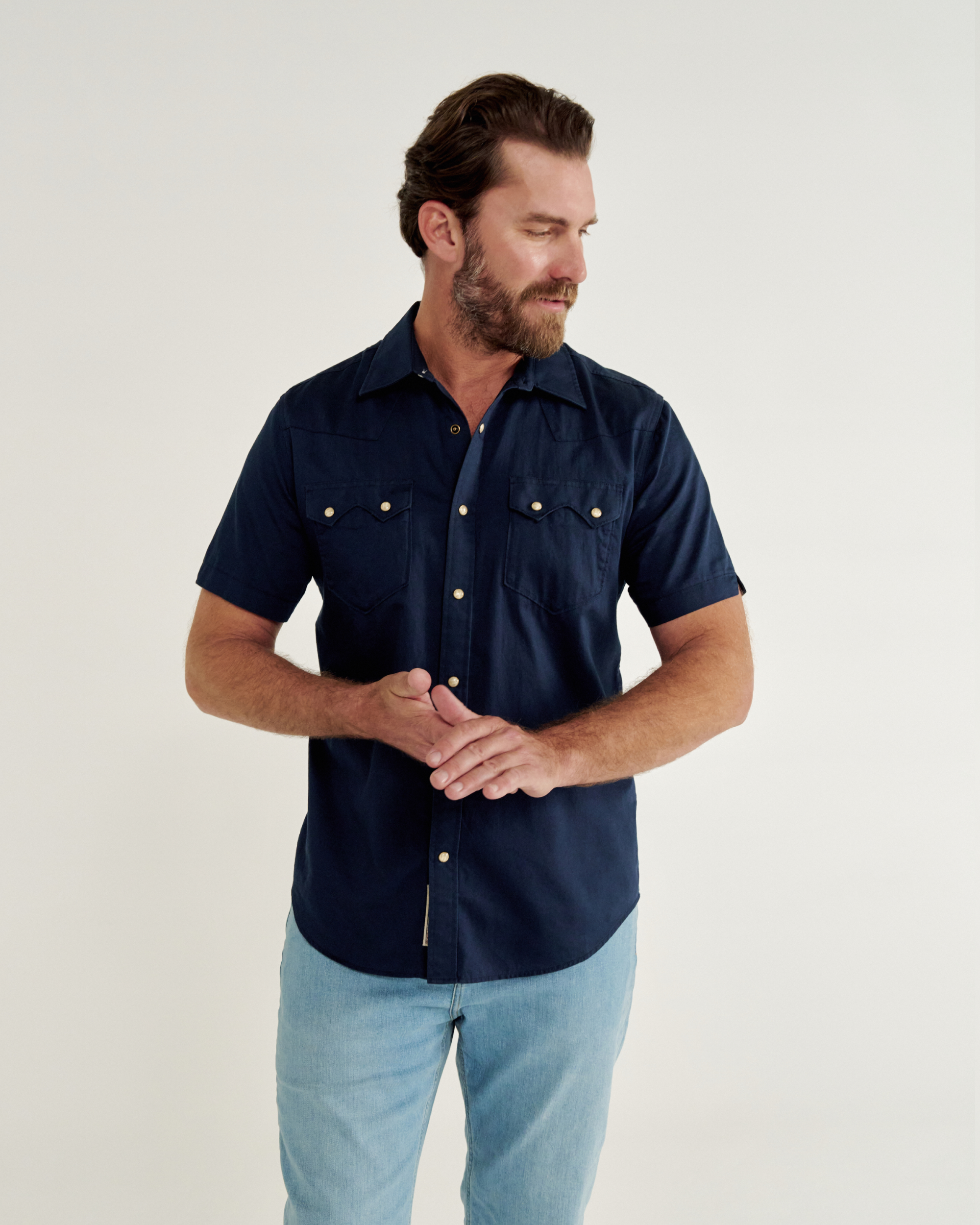 Men's Sawtooth Short Sleeve Pearl Snap - Navy Cotton