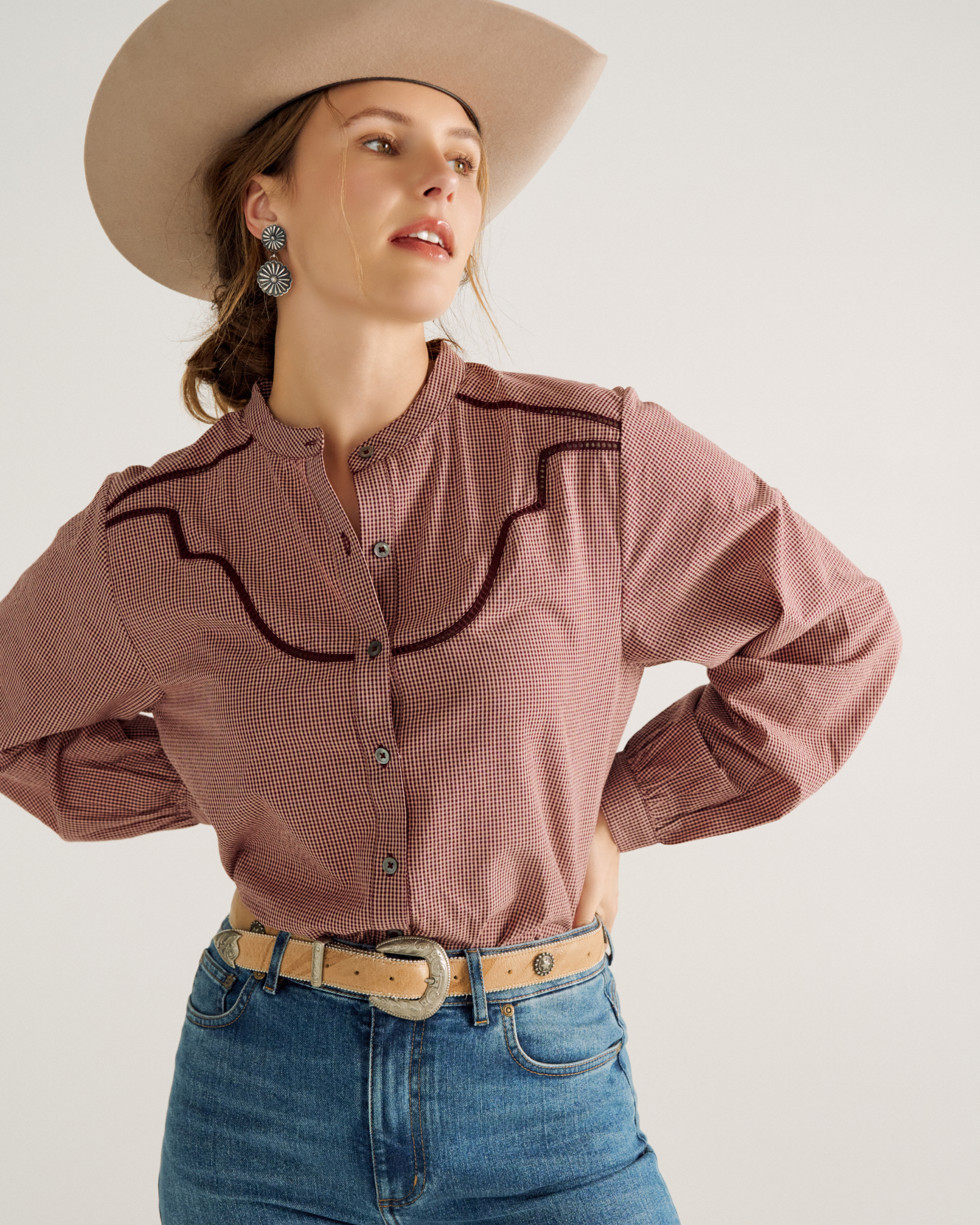Women's Mini Seersucker Blouse - Burgundy Pink Cotton