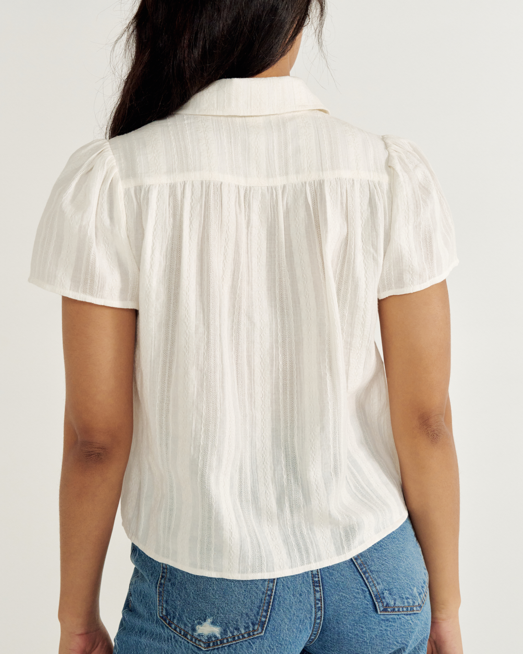 Women's Short Sleeve Button-Front Gathered Top - White Cotton
