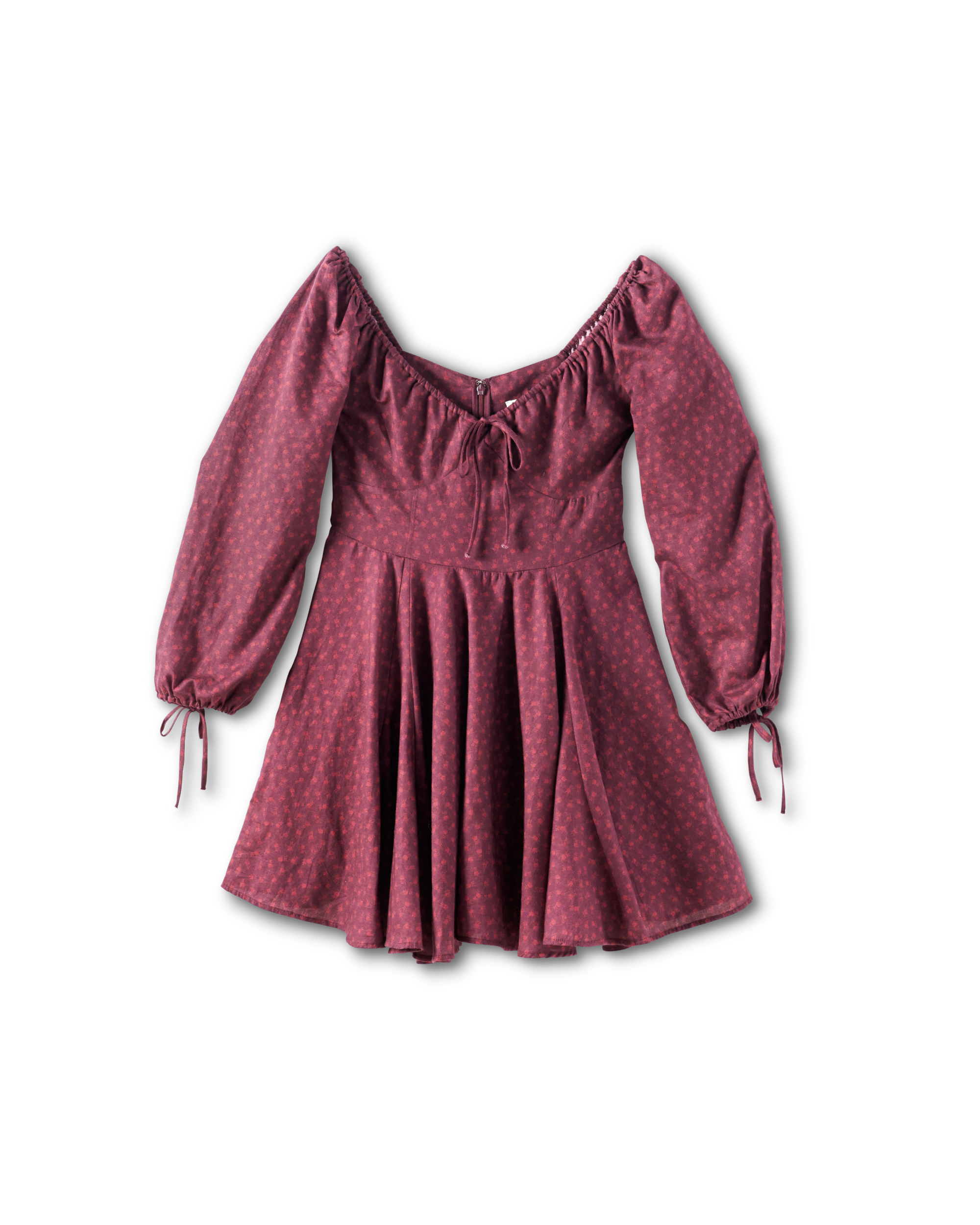 Women's Long Sleeve Mini Dress - Burgundy Floral Cotton Blend
