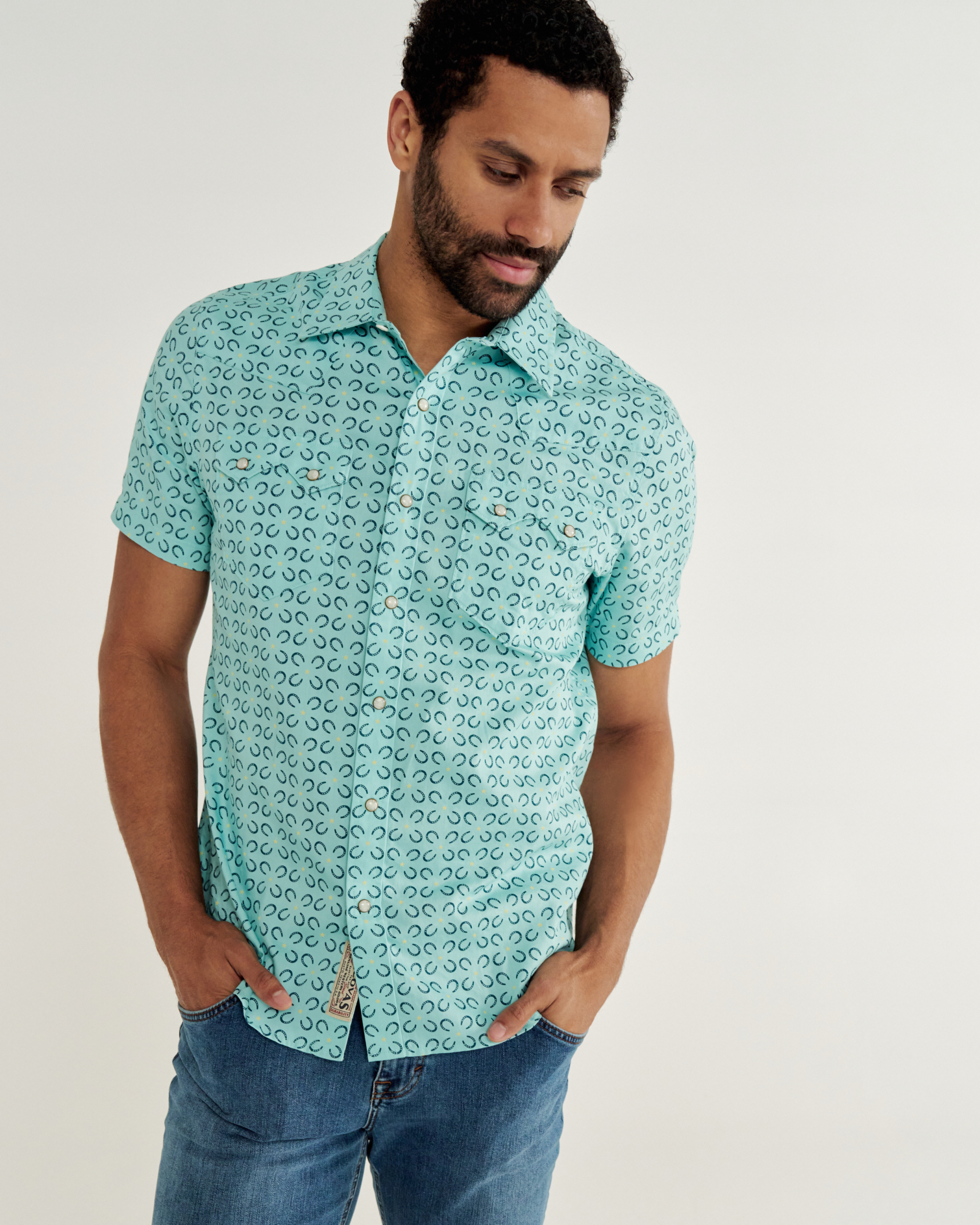 Men's Sawtooth Short Sleeve Pearl Snap - Blue Horseshoe Cotton