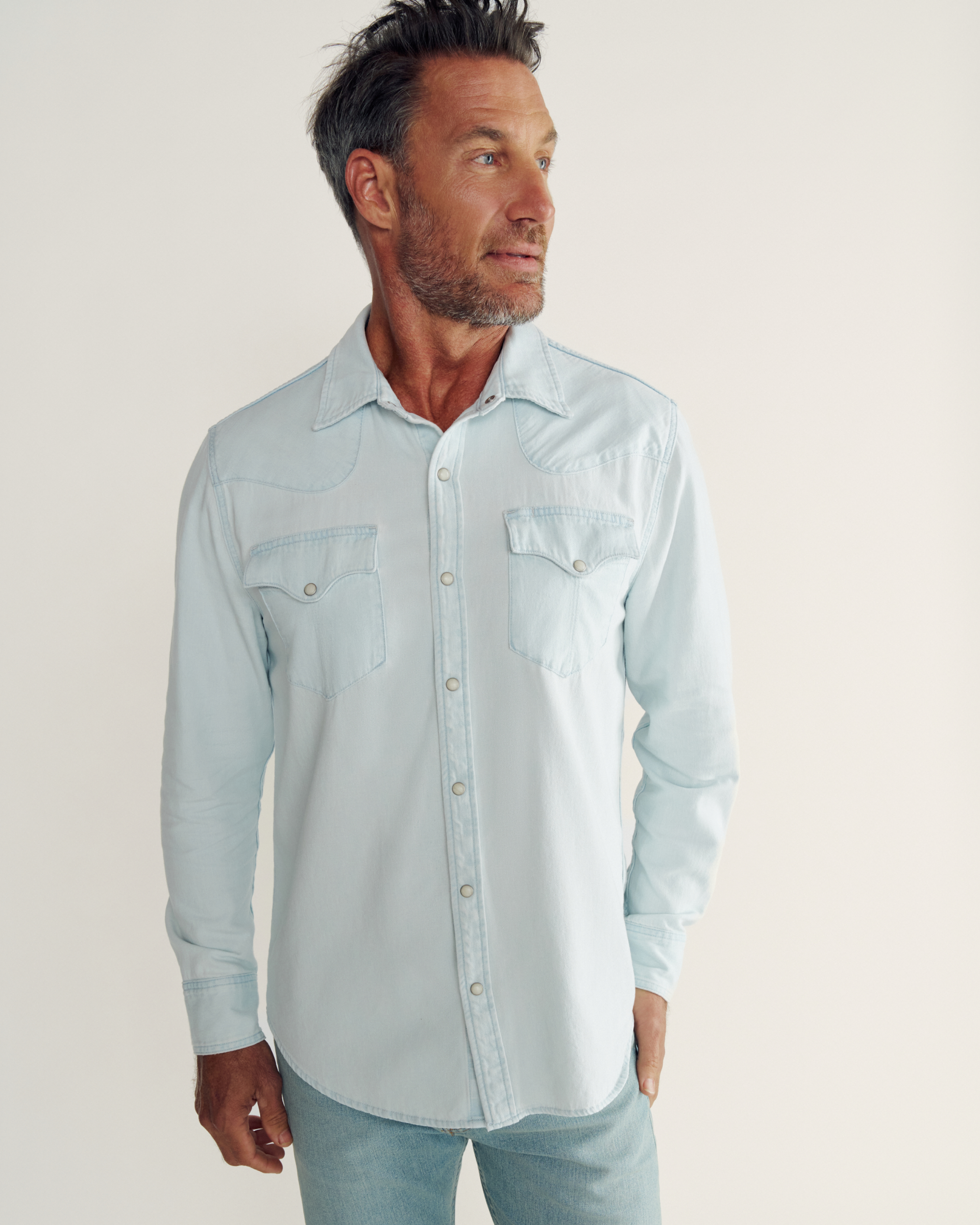 Men's Denim Long Sleeve Pearl Snap - Ultra Light Denim
