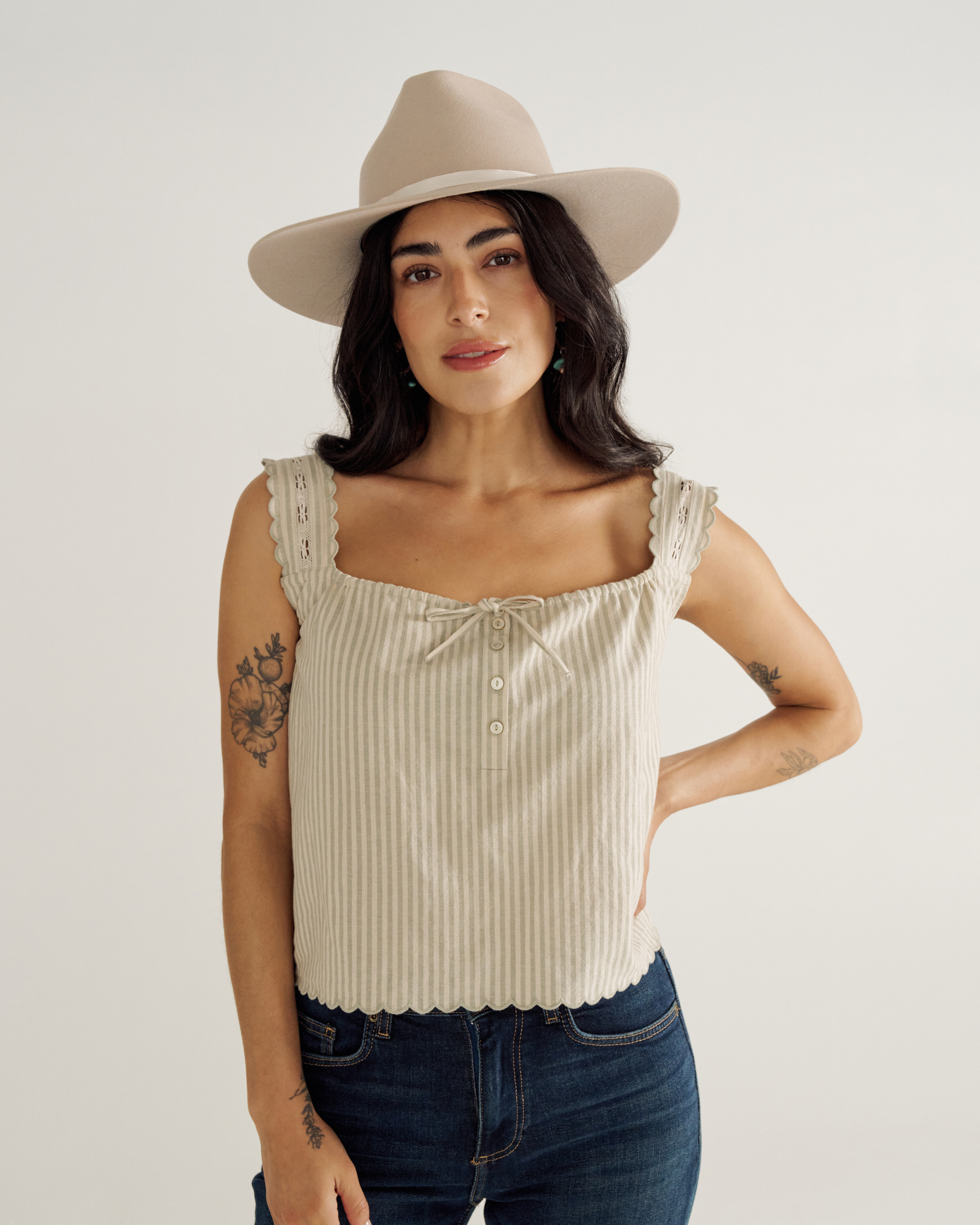 Women's Linen Artisanal Tank - Green White Linen Cotton